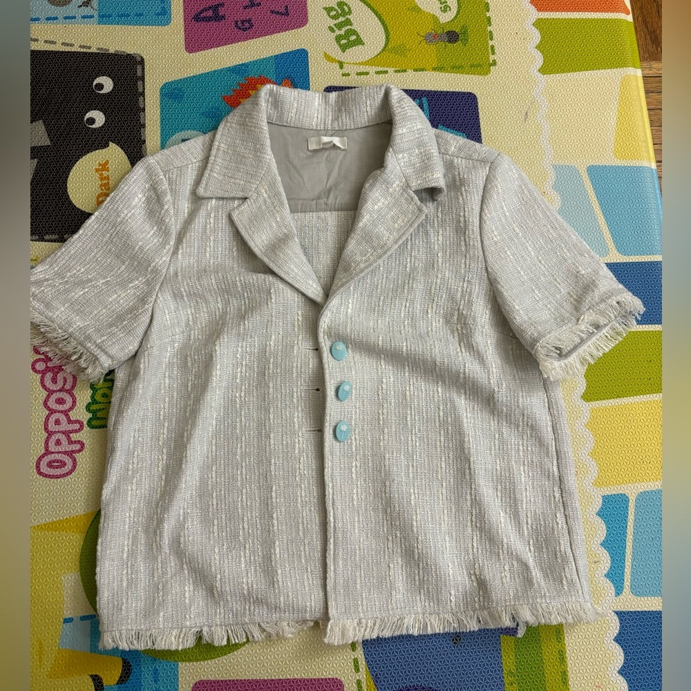 STAUD Light Gray Tweed Button-Down Short Sleeve Shirt with Blue Buttons